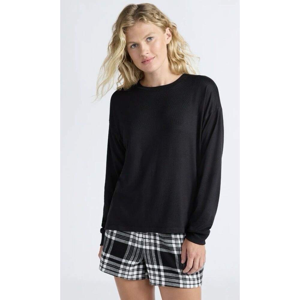 Joyspun S Women's Cozy Lounge Hacci Knit Sleep Top Collection Long Sleeves Black